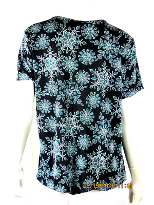 JACKLYN SMITH SZ XL Polyester/Spandex Black & Green Snow Flakes Blouse Top Shirt