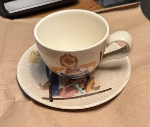 Red Wing Pottery Round UP Cowboy Chuck Wagon Wild West Cup & Saucer Redwing OLD