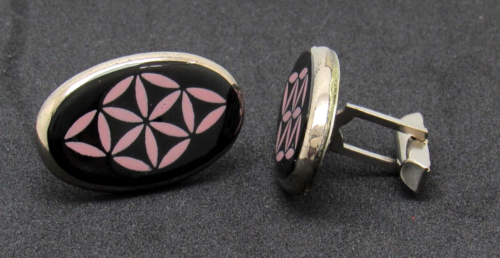 Swank Modernist Geometric Cufflinks Pink Enamel Black Glass Vintage - Picture 1 of 9