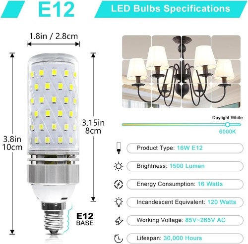Pack of 12 Super Bright E12 LED Bulbs - 16W, 1500 Lumen, 6000K Daylight White - Picture 4 of 9