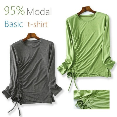 Women Basic T-shirt Modal Drawstring Split Blouse Top Dance Yoga Wear Casual