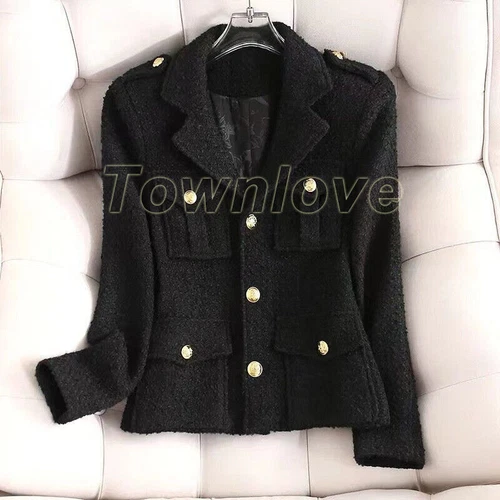 Damen Wolle Anzug Kragen Knopf Mantel Kurz OL Formell Kleid Tweed Jacke Schlankmacher - Bild 5 von 9