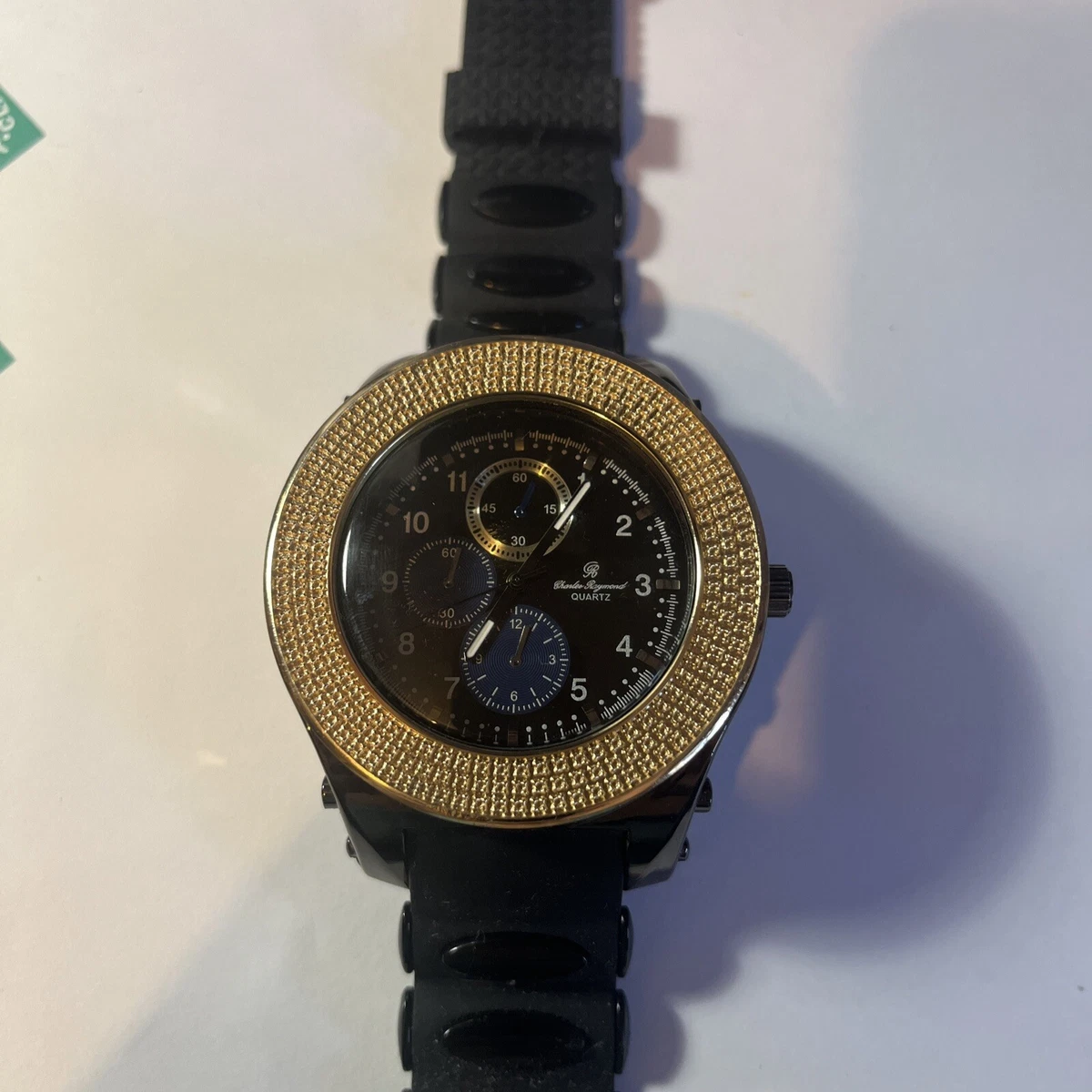 Charles Raymond Black Rubber Band Gold Bezel Quartz Watch Rapper Hip Hop 6943