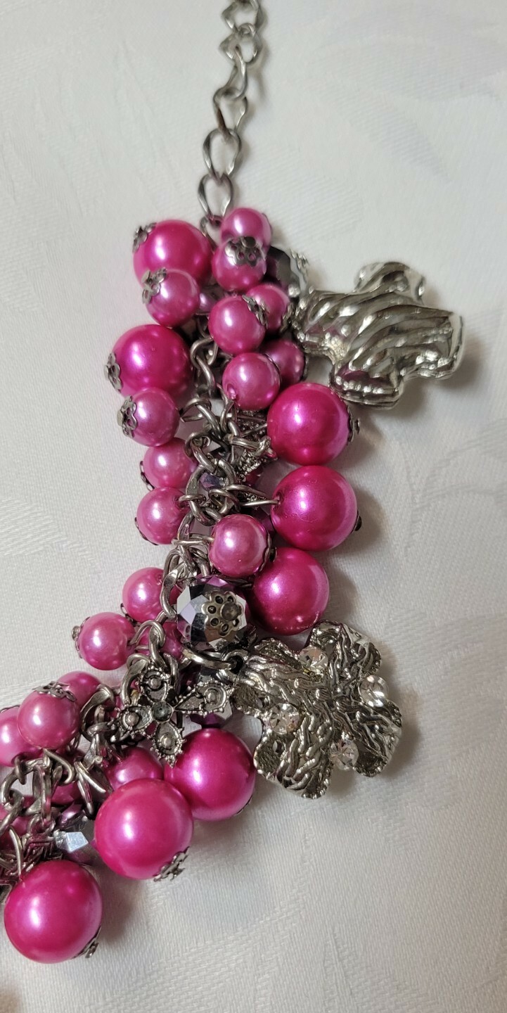 Pink Silver Beaded Chunky Statement Necklace Cros… - image 3