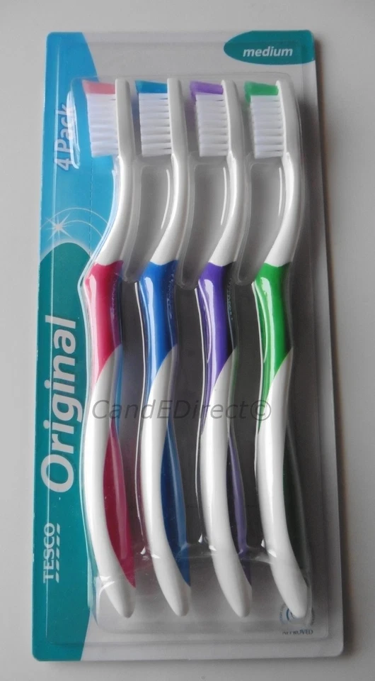 TESCO Pack 8 Toothbrushes Medium Head Toothbrush Rubber Grip Mixed Colours NEW