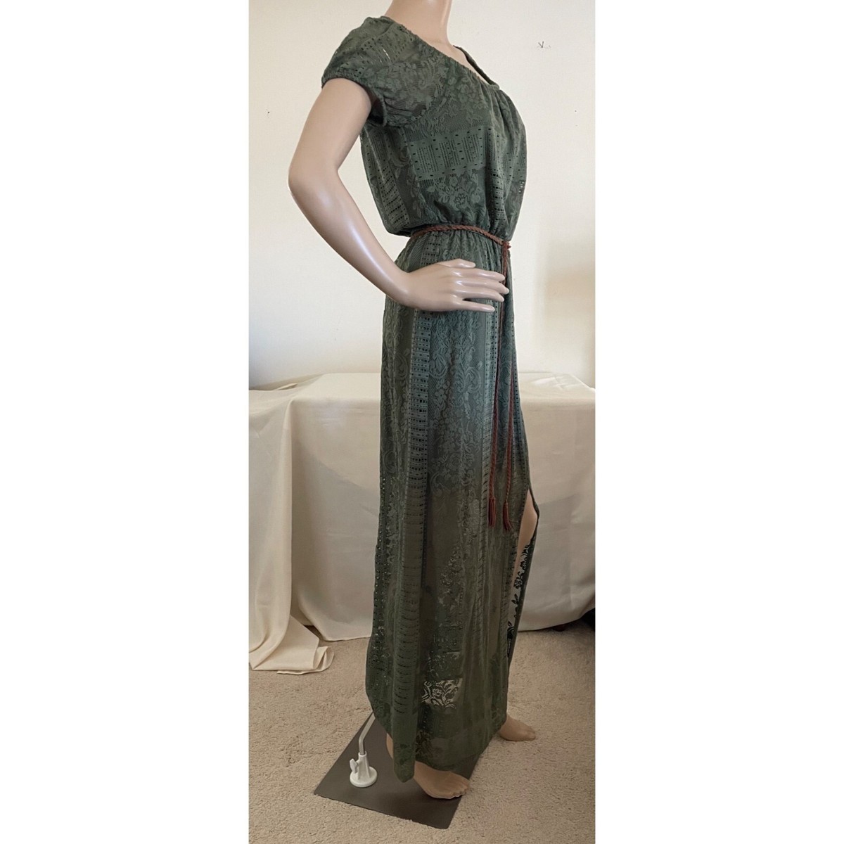 As U Wish Womens Green Lace Maxi Dress Sz S Suede Tie Belt Short Sleeves |  eBay