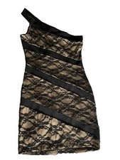 G By Guess Black And Beige Lace Bodycon One Shoulder Dress Size Medium