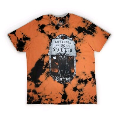 Men's 4XL Salem Witch Trials Orange/Black Bleach Tie-dyed Black Cat Tshirt 