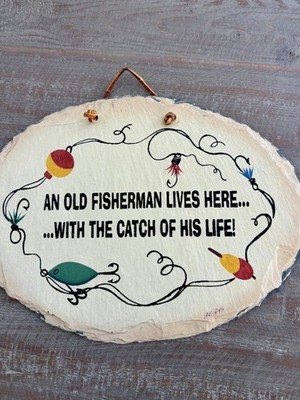Vintage Plain Jane Slate Wall Plaque 1986 Fishing Decor Signed Folk Art
