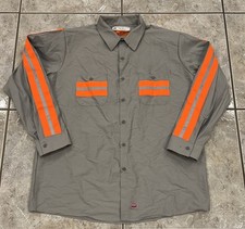 Mens L Red Kap Hi Vis Orange Reflective Work Shirts Button Down Gray Long Sleeve