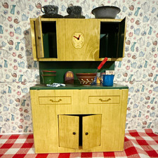 Doll size Vintage tin Toy Kitchen Cabinet Set w/ enamelware Dishes  all 106 