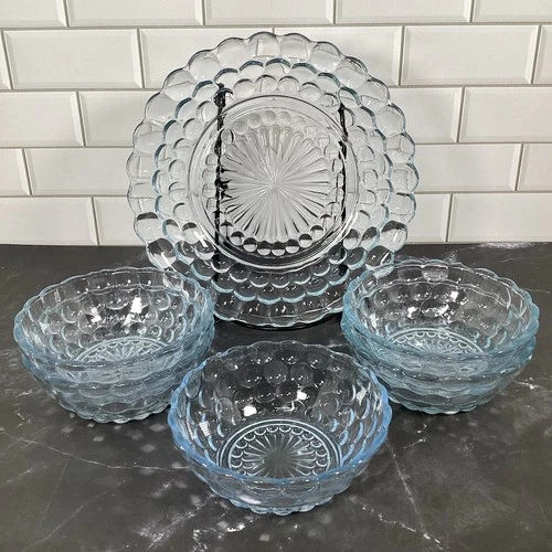 6 Vtg Anchor Hocking Blue Bubble Glass Bowls Cereal 7.75" & Berry 4.5" - Read