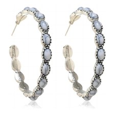 Vintage Faux Turquoise Hoop Earrings Boho Beaded Western Silver Round Dangl - 01