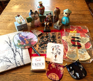 Lot of Asian Collectibles Kokeshi Dolls Snuff Bottle Cloisonne Vase Textiles