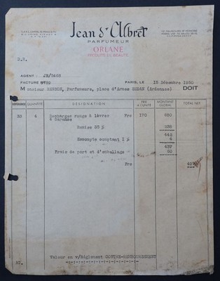 Rechnung PARIS 1950 JEAN ALBRET PARFUMEUR ORLANE Billhead 154