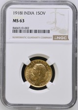 1918 Royal Mint UK India Full Sovereign MS63 NGC