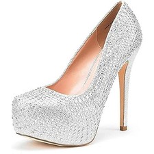 Dream Pairs Womens 5.5 Silver Rhinestone 5.5" Platform Heel Close Toe Pump Shoes