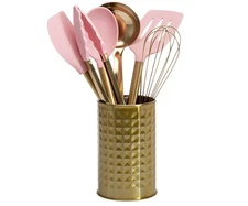 Kitchen Set Tool Crock with Silicone Cooking Utensils 7-Piece, Pink and Gold