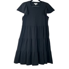 J.Crew Factory Black Crew Neck Flutter Cap Sleeve Tiered Shirt Dress XS