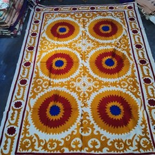Boho Mustard Gold Embroidered Suzani Tapestry Large Red Bedspread Coverlet Throw