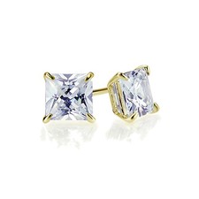 14K Yellow Gold 4mm Square Cubic Zirconia Basket Set Solitaire Stud Earrings