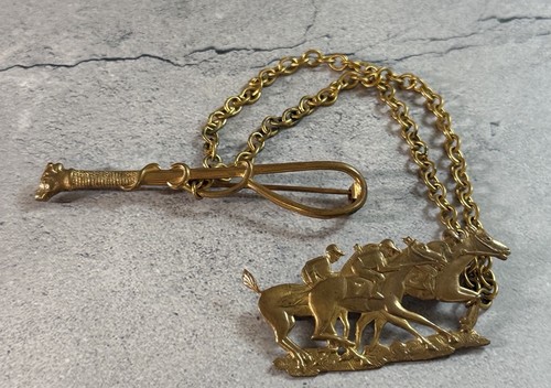 Vintage Equestrian Horse Race Tie Tack Pin (with Dog) Gold-Tone