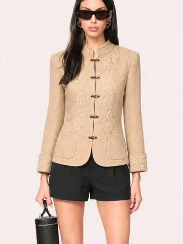 Elie Tahari Embroidered Linen Jacket Sz M Beige Romantic Boho Quiet Luxury Lace