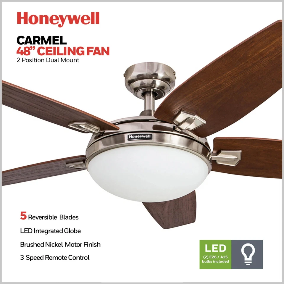 Honeywell Carmel Ceiling Fan, Quiet Motor & Remote Control, 48", Brushed Nickel - Image 2 of 4