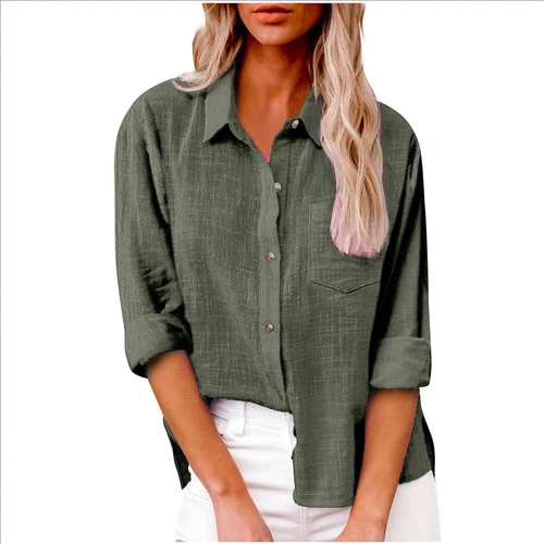 Women Linen Cotton Shirt Button Up Tops Long Sleeve Casual Loose Blouse Casual - Bild 15 von 48