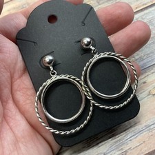 Vintage pierced silver tone twisted double hoop earrings dangle