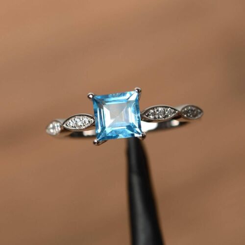 2Ct Princess Cut Lab-Created Blue Topaz Engagement Ring 14K White Gold Plated