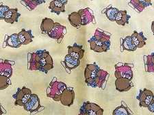 BEARS IN PINK BLUE CLOTHES ON YELLOW COTTON FABRIC-- BY THE YARD