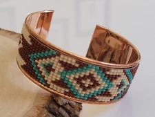 Native American Style Copper Seed Beaded Bracelet Cuff Brown Turquoise