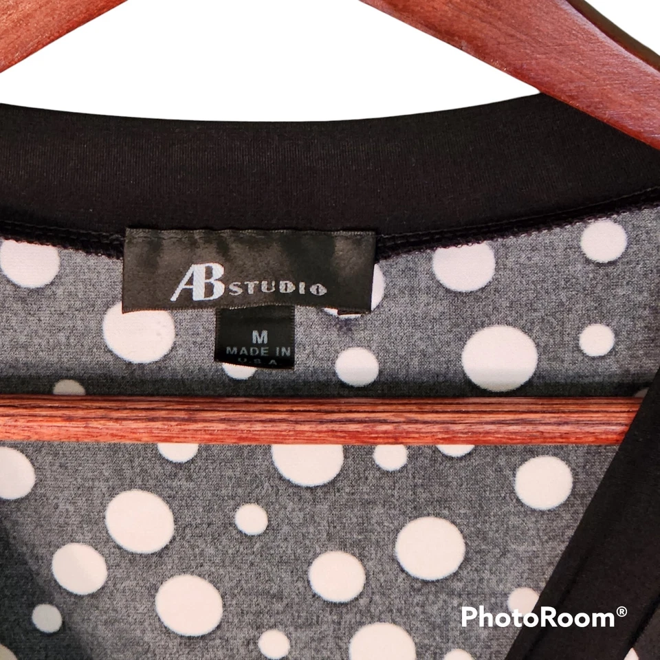 AB Studio Top Womens Size M Polka Dot Black White 3/4 Sleeve Wrap Around Look - Image 3 of 4