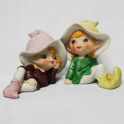 2 Vintage Homco Elf Figurines Gnome Pixie Ceramic Forest Woodland Shelf Sitters