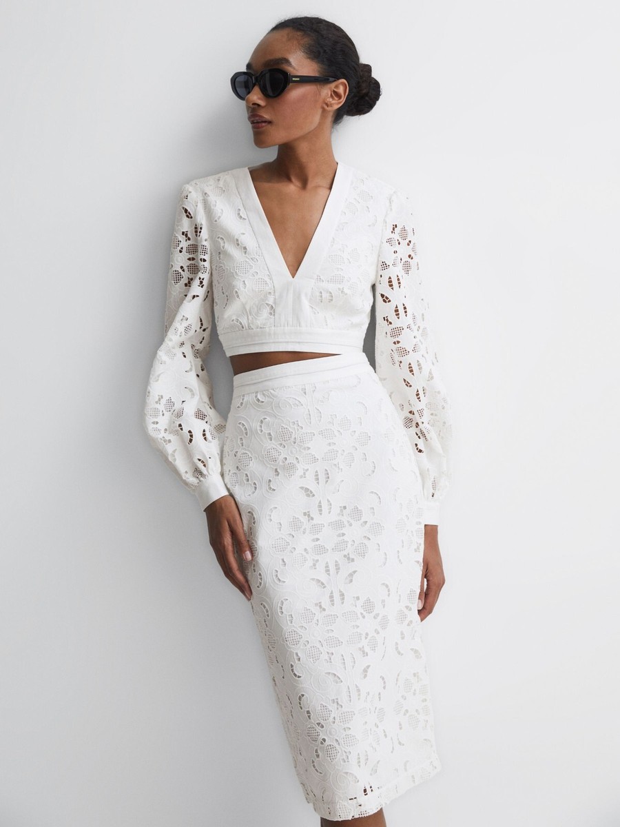 REISS IMMI LACE CO-ORD PENCIL SKIRT in WHITE