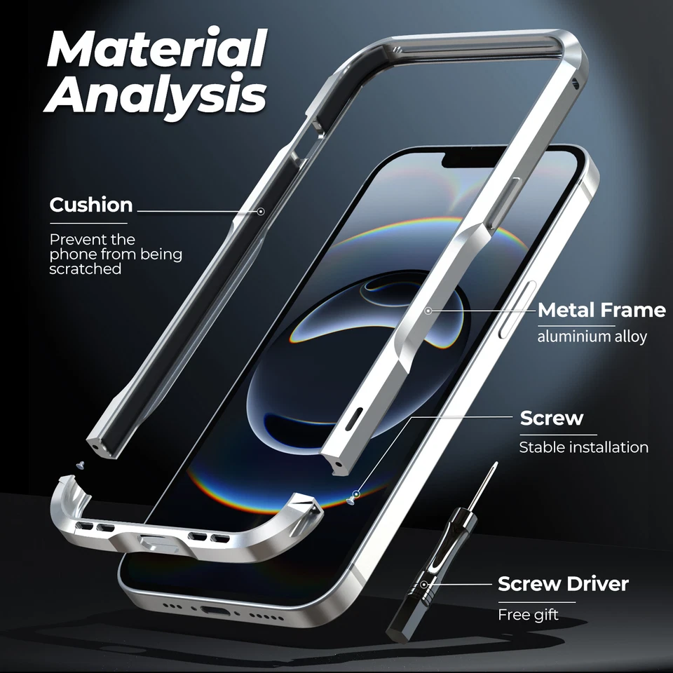 Funda de aleación de aluminio con marco de parachoques a prueba de golpes para iPhone 16e con protector de pantalla Foto 2 de 4