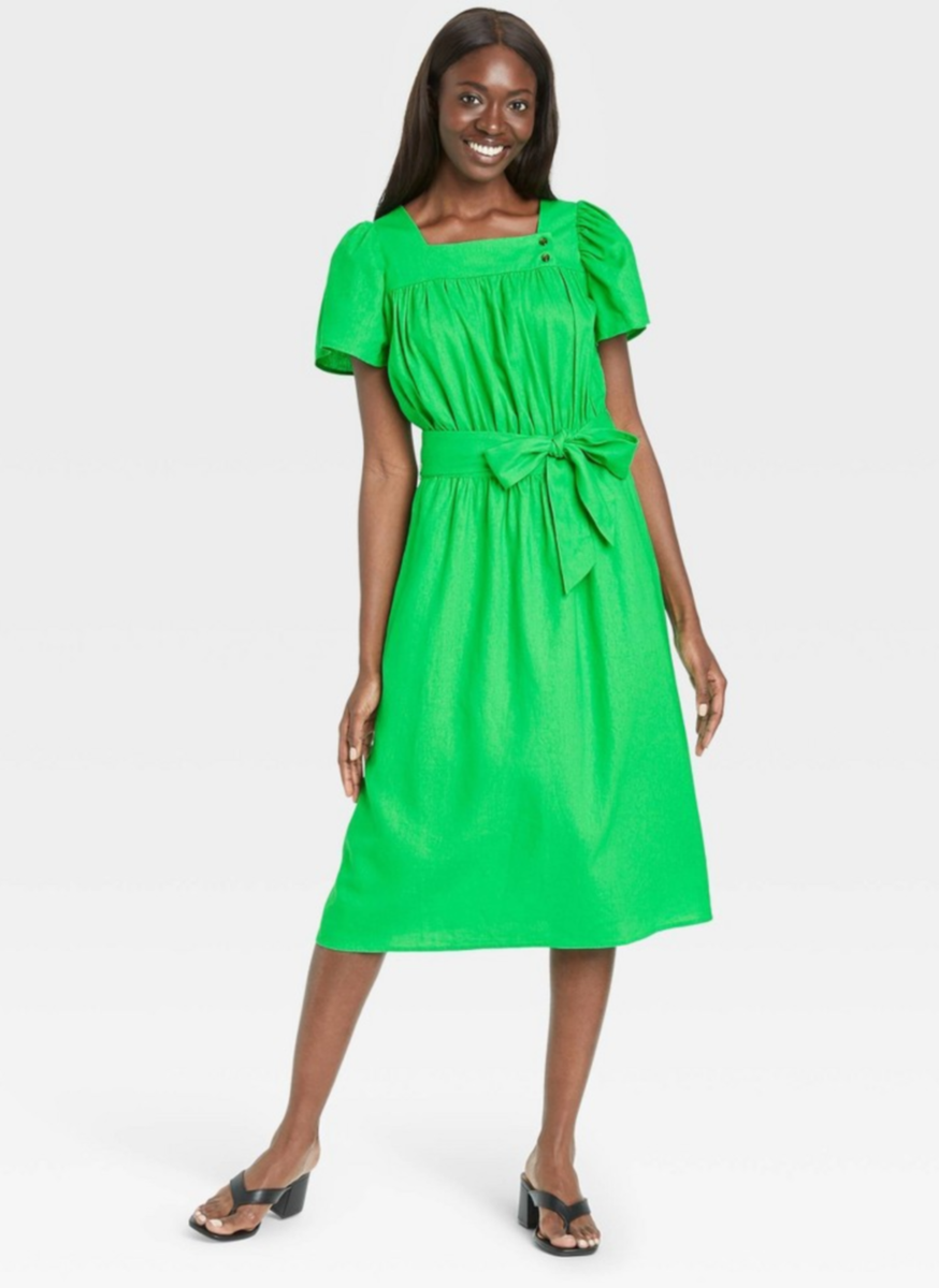 puff sleeve linen midi dress Puff-Sleeve Corset Linen Midi Dress