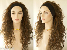 Premium Quality Natural Long Brunette Wavy Curly 3/4 Wig Black Headband Wigs