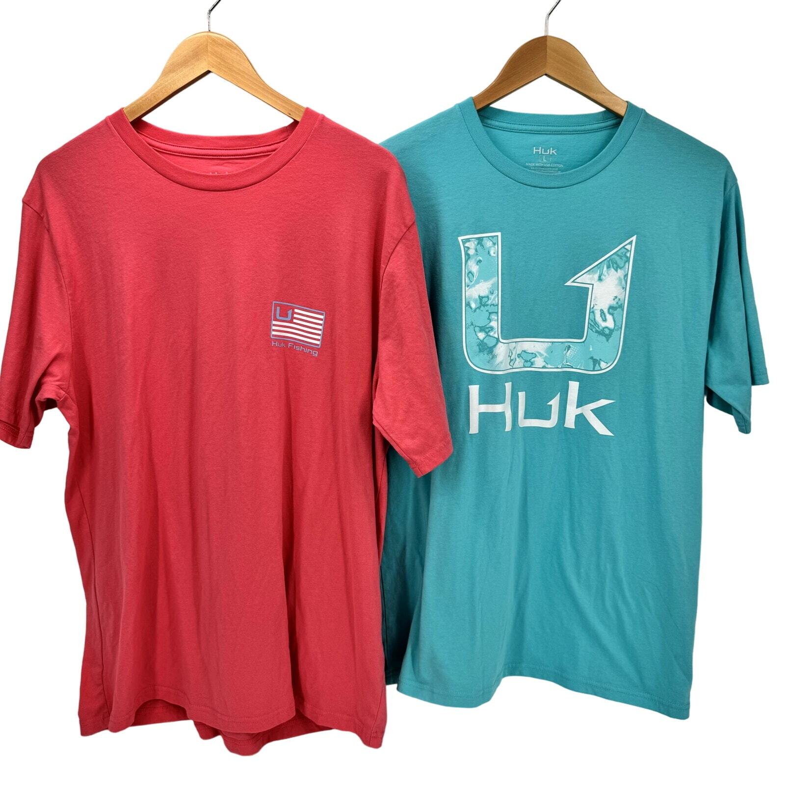 Huk Fishing T-shirt Mens Large Set of 2 Blue and Pink Short Sleeve Cotton Tees