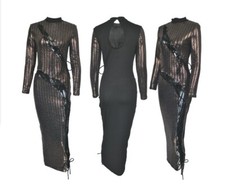 Hot Women Sparkling O-Neck Lace-UP Hollow Out Bodycon Party Ankle Length #P15