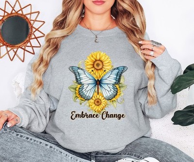 Embrace Change Damen Sweatshirt Vintage Schmetterling Sonnenblume...