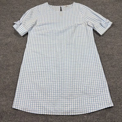 Crown & Ivy Dress Womens L Blue White Gingham Seersucker Shift Dress Tie Sleeve