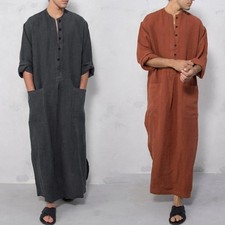 Long Dress Mens Robe Fashion Gown Jubba Long Sleeve Muslim Solid Color Summer