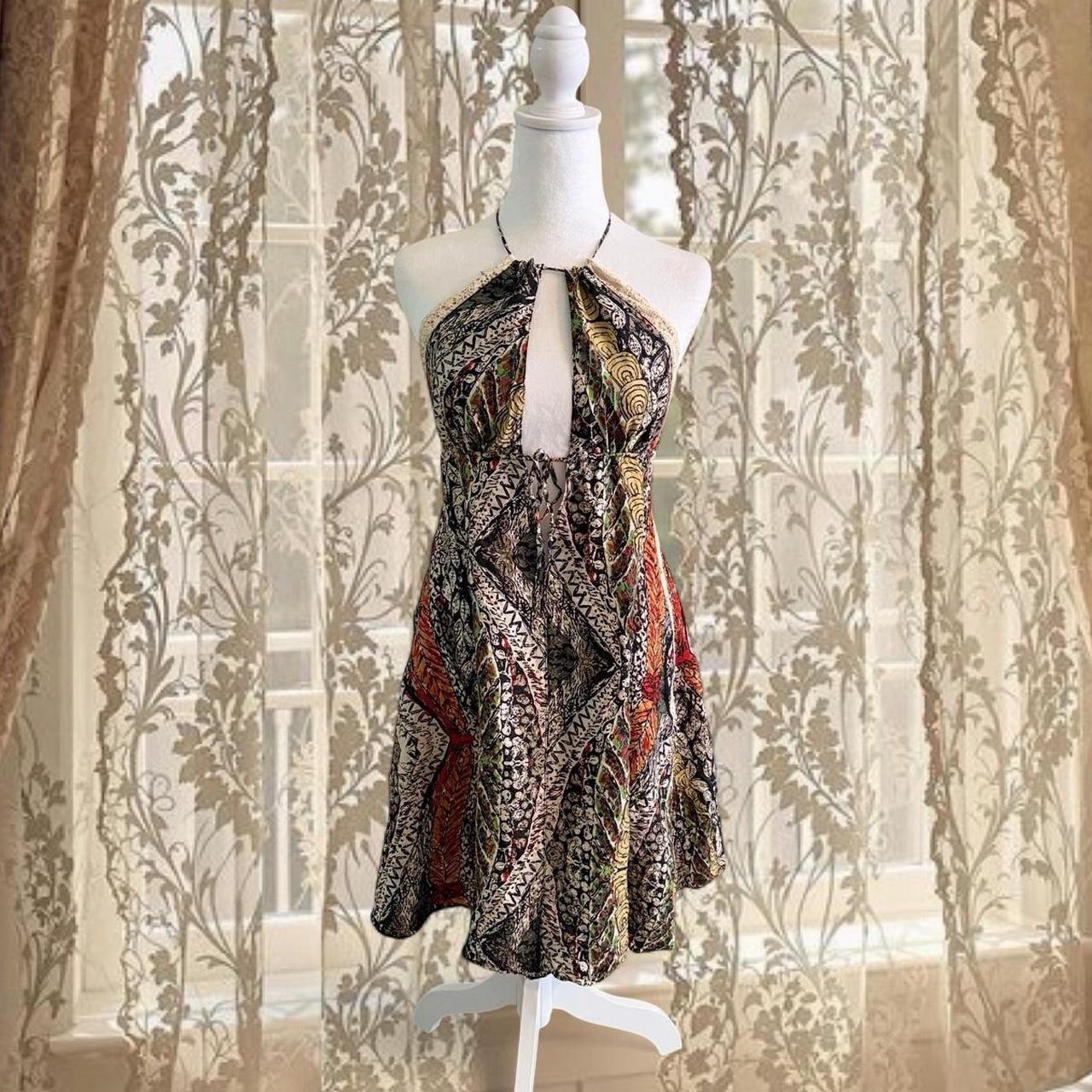 Vintage Y2K 100% Silk Boho Fairycore Halter Top Dress with Lacey Trim