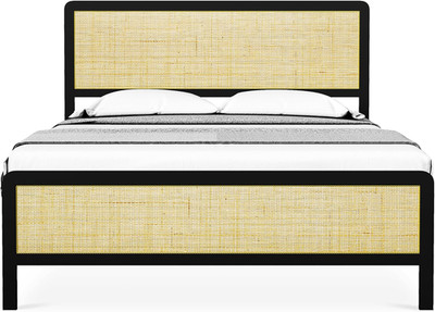 Bohemian Queen Bed Frame with Rattan Headboard & Metal Slats - No Box Spring Nee