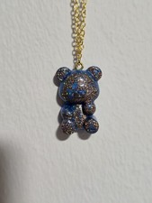 modeschmuck kette Gold Farbend Anhänger Teddy Bär  Blau Gold Glitzer 