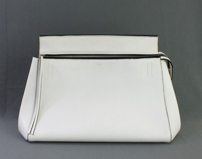 Celine Auth White Pebbled Leather Edge Handbag Shoulder Bag
