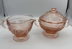 Vintage Federal Sharon Cabbage Rose Pink Depression Glass Sugar Bowl Creamer Set