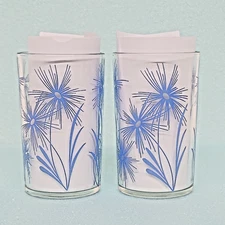 Vintage SWANKY SWIGS Blue Flower MCM Juice Glass starburst sunburst, Set Of 2
